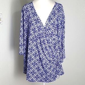 Cato Blue & White Wrap-Top with Lace-up Tie on the Side, Size 18/20W